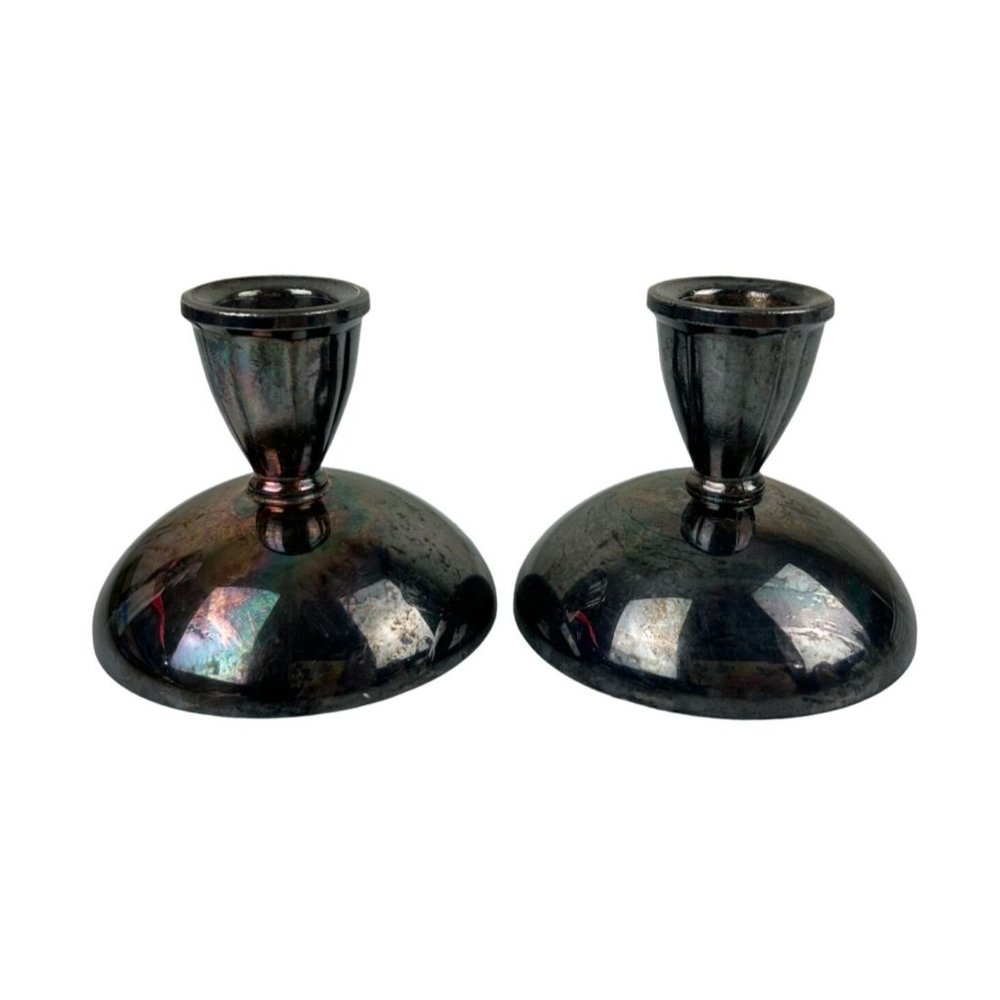 ONEIDA Silversmiths Set of 2 Taper Candle Holders Short Round Table Shelf Decor